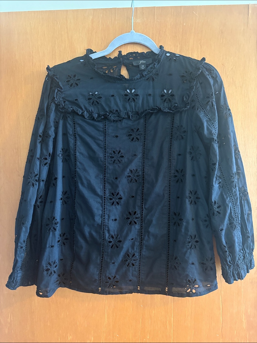 J. Crew Black Eyelet Ruffle Long-Sleeve Blouse